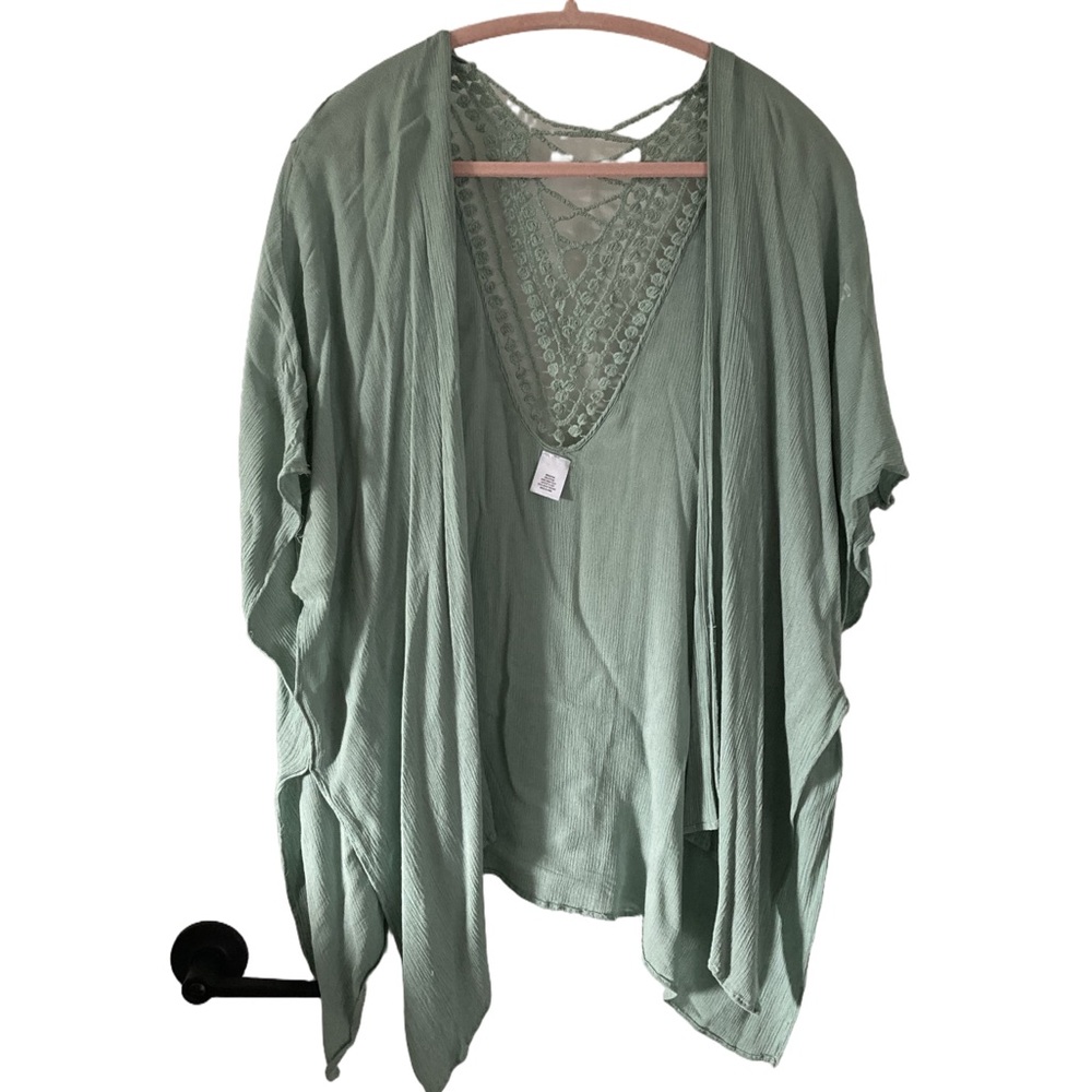 Boho Sage Green Crochet Back Kimono Open Front Cover Up OS Rayon Cotton
